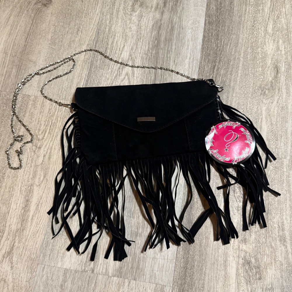 Y2K retro Say What Black Suede Fringe Crossbody Bag Silver Chain Evening‎
